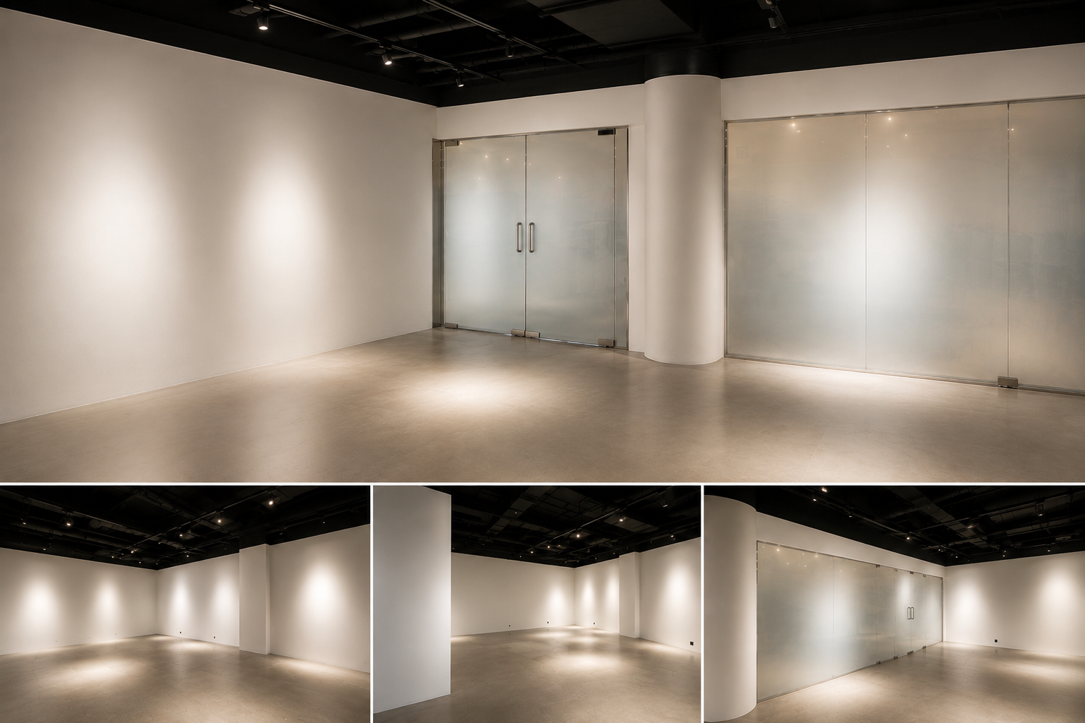 Cleared white-box retail space with finished walls, exposed dark ceiling and glass frontage, shown from several angles