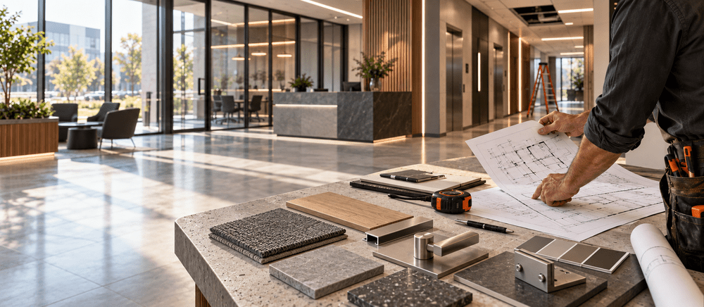 Interior materials and finishes in a contemporary commercial lobby